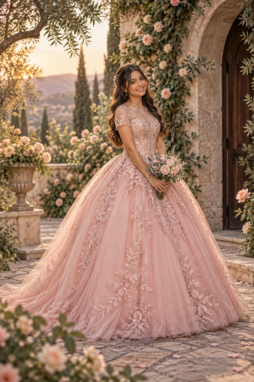 Ilustración de una quinceañera con vestido rosa